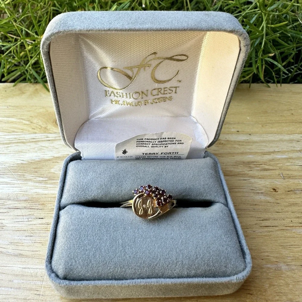Vintage Jostens Statement Ring Stamped 14k Gold Ruby Cluster Sz 7.5 JJ Logo 3.8g